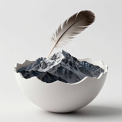 Photorealistic image of a white eggshell cracked open, revealing jagged black mountain peaks, with a single brown feather emerging.