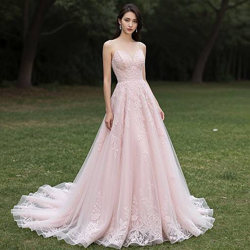 Elegant Woman in Pink Lace Prom Dress