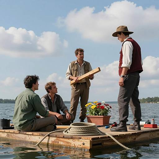 Four Men on Floating Wooden Platform