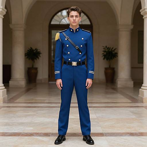 Photograph of a young white man in a formal blue military uniform with gold epaulettes, standing in a grand, arched hallway.