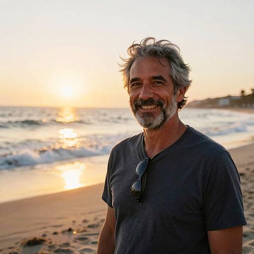 Photograph of a smiling middle-aged man with gray hair and beard, wearing a dark gray t-shirt, standing on a beach at sunset, with sunglasses