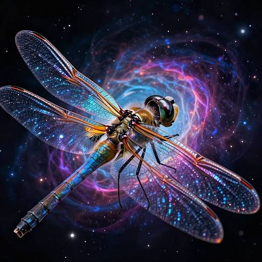 Digital artwork of a vibrant dragonfly with iridescent blue and orange wings against a swirling galaxy background, filled with stars and neon colors.