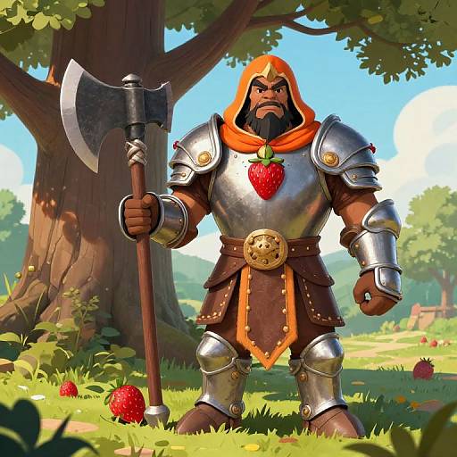 Digital illustration of a bearded, muscular warrior in silver armor with a strawberry on his chest, holding an axe, standing in a sunny forest with trees