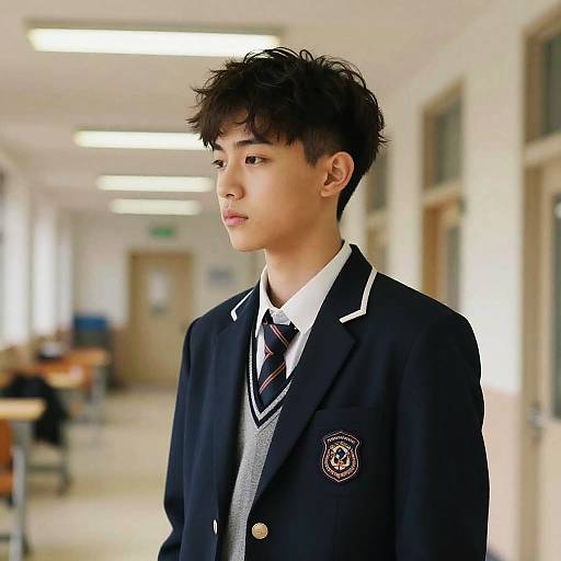Photograph of an Asian teenage boy with spiky black hair, wearing a black school blazer, white shirt, and striped tie, standing in a