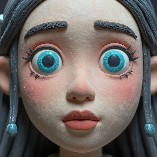 Digital CGI close-up of a wide-eyed, pale-skinned, anime-style girl with blue eyes, black braided hair, pink blush, and red