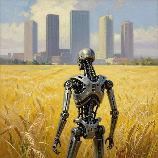 Photograph of a silver robot standing in a golden wheat field, facing tall, modern skyscrapers under a bright blue sky.