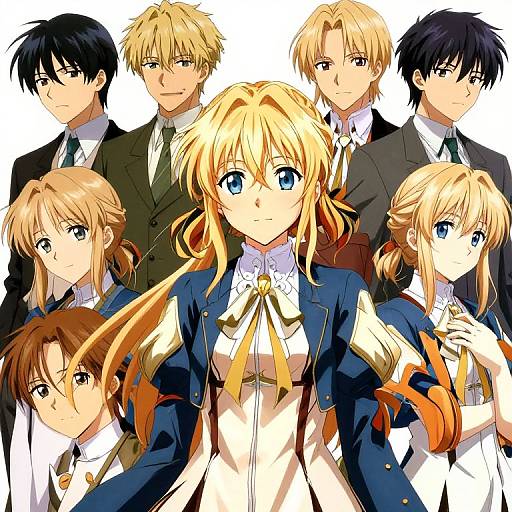 Digital anime-style illustration of six characters with varying blonde and black hair, wearing formal school uniforms, standing in a semi-circle against a white background. Central