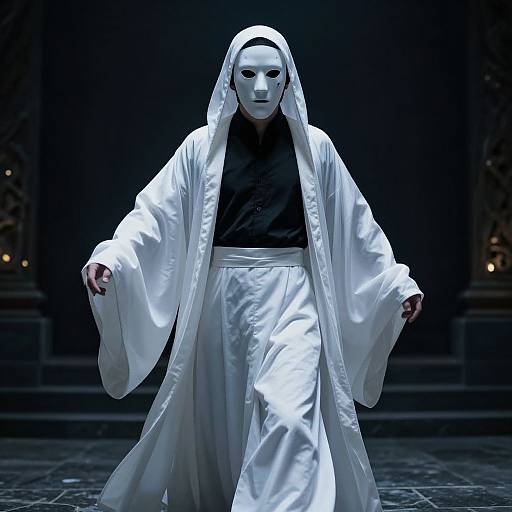 Photograph of a mysterious figure in a white hooded robe and mask, standing in a dark, ornate, illuminated background.