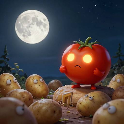CGI cartoon: Glowing red tomato with worried expression stands on log, surrounded by spud characters, under full moon in night sky.