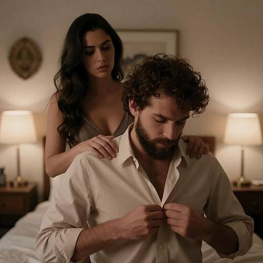 Intimate Moment in a Dimly Lit Bedroom