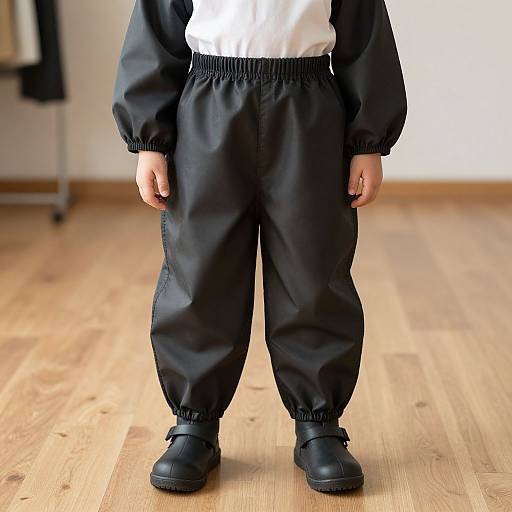Photograph of a child standing on wooden floor, wearing black puffy pants, black shoes, and a white shirt, with arms down.