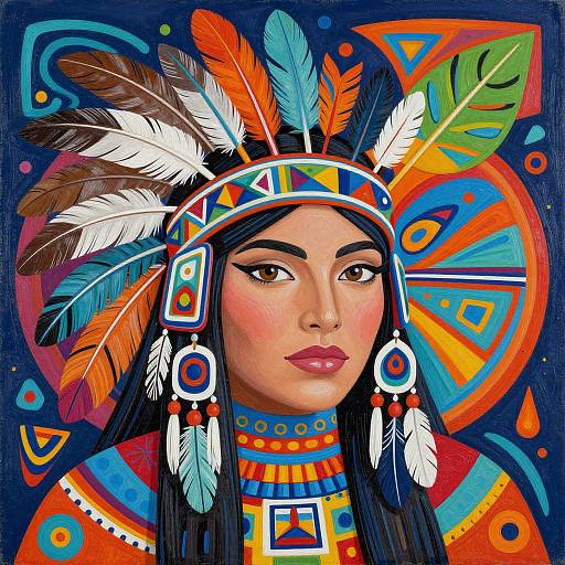 Digital painting of an indigenous woman with long black hair, colorful feather headdress, and vibrant traditional attire, set against a bold, geometric background.