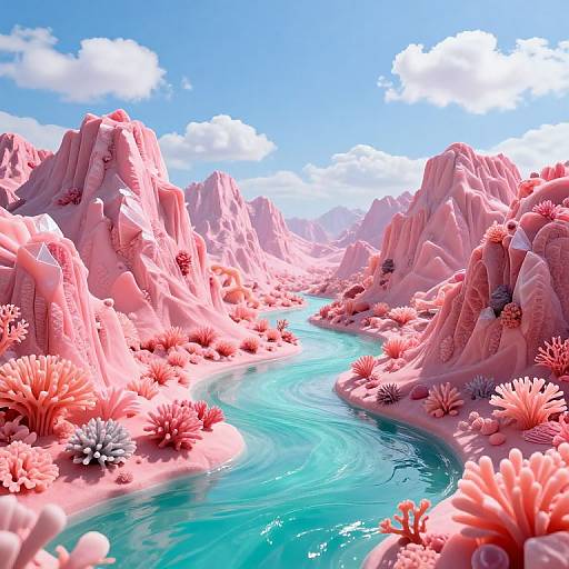 Digital artwork of a surreal pink desert landscape with vibrant, flowing turquoise river, surrounded by whimsical, cloud-like rock formations under a bright blue sky with