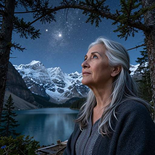 Photograph of an older woman with long silver hair, wearing a dark sweater, gazing at a starry night sky over snow-capped mountains and