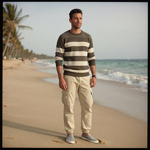 Photograph of a bearded man in a black-and-white striped sweater and beige cargo pants standing on a sandy beach with palm trees and ocean waves in