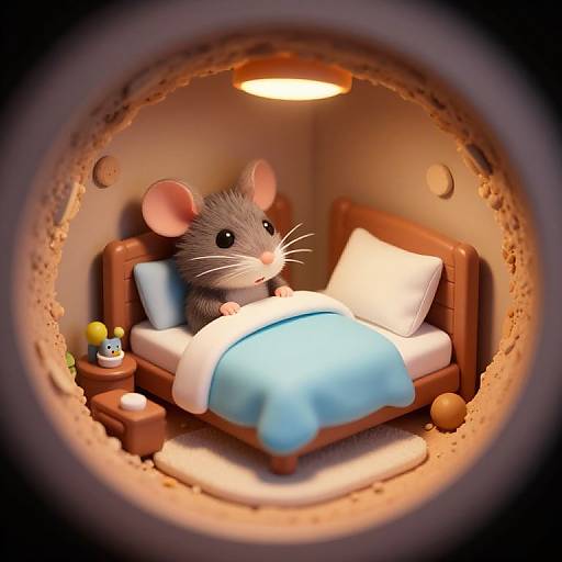CGI image of a cute gray mouse in a tiny wooden bed with a blue blanket, under a warm lamp, inside a soil tunnel. Mouse looks