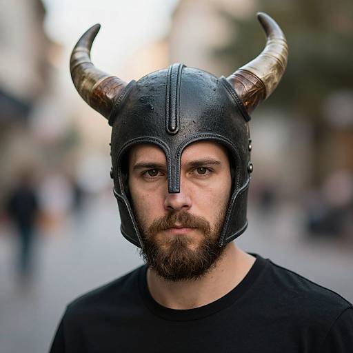 Photograph of a bearded man with dark brown eyes wearing a black Viking helmet with brass horns, standing in a blurred urban street. He wears a