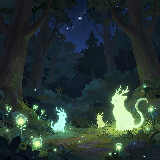 Digital illustration of a mystical nighttime forest with glowing, ethereal creatures and fireflies, illuminated by soft, magical light against a dark, starry sky