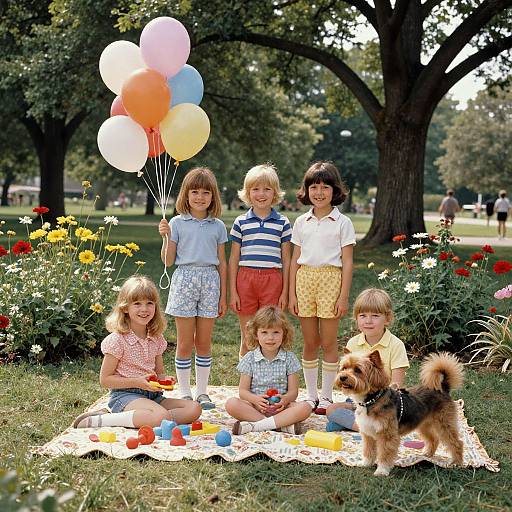 Photograph of six children and a small dog sitting on a blanket in a park, holding balloons, surrounded by flowers.