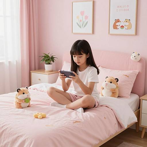 Playful Asian Girl in Charming Bedroom