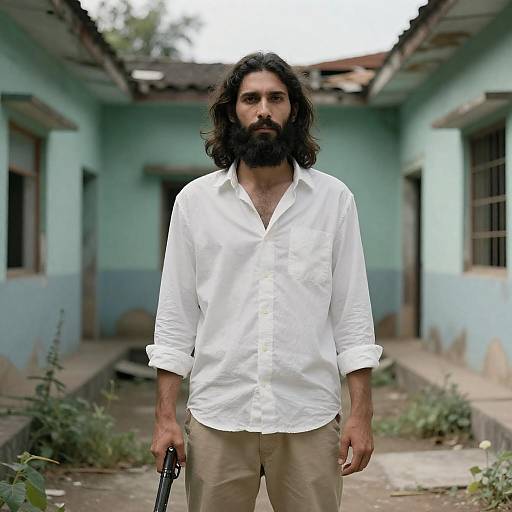 Bearded Gunman in Weathered Courtyard