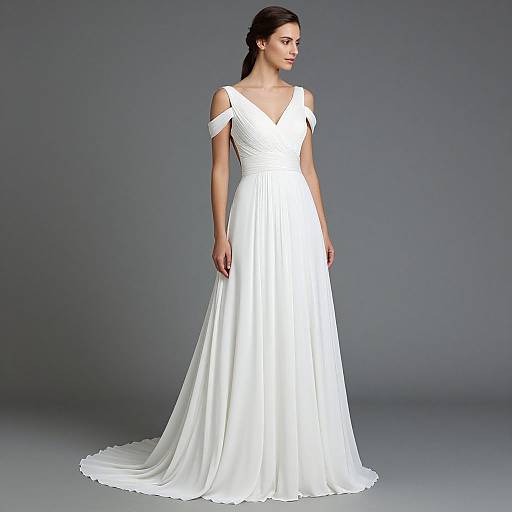 Photograph of a woman in a white, off-shoulder, V-neck, floor-length wedding gown with a slight train, standing against a gray