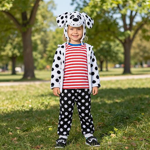Photograph of a smiling young boy in a Dalmatian costume with a spotted hood, red-and-white striped shirt, and black polka-dot