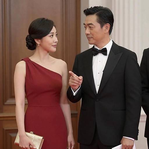 Elegant Formal Couple Against Wooden Backdrop