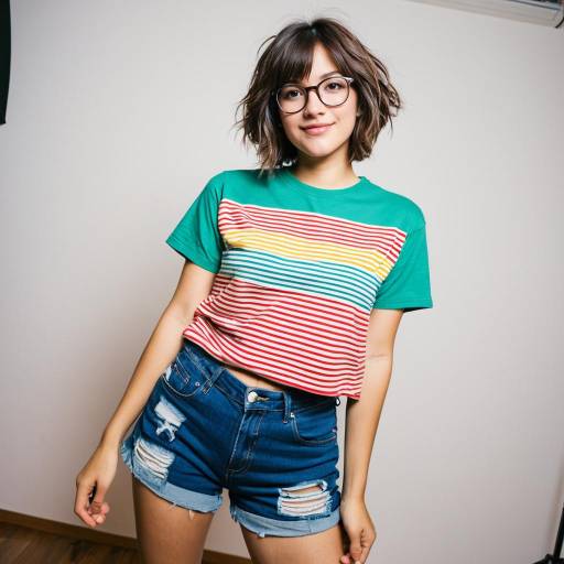 Young Woman in Colorful Striped T-shirt and Denim Shorts