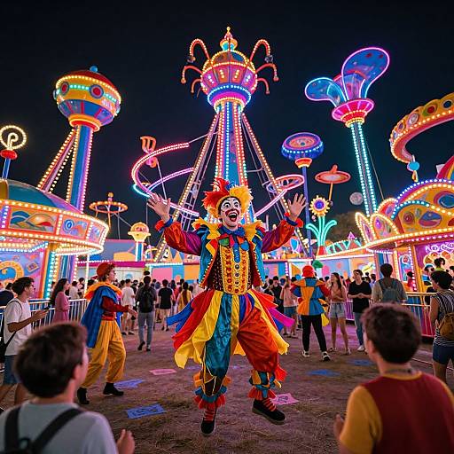 Photograph of a vibrant nighttime carnival, featuring a colorful clown in elaborate costume performing amidst glowing, neon-lit rides and a crowd of spectators.