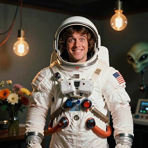 Photograph of a smiling man in a white astronaut suit with American flag patch, wearing a helmet, in a dimly lit room with lit bulbs,