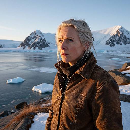 Photograph of a blonde woman with blue eyes, wearing a brown leather jacket, standing in a snowy, mountainous landscape near a frozen lake at sunset