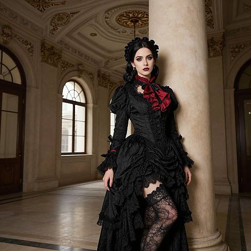 Gothic woman in black lace dress with red bow, black stockings, and dark hair, leaning against pillar in ornate, sunlit hall.