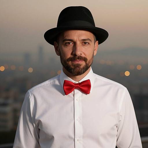 Photograph of a bearded man with a black bowler hat and red bow tie, wearing a white shirt, against a blurred cityscape at dusk