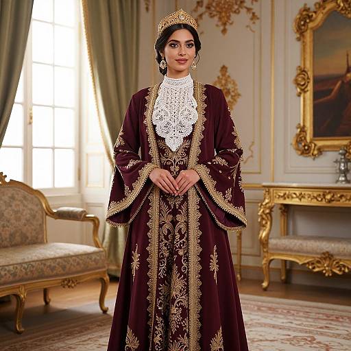 Photograph of a South Asian woman in a royal maroon gown with gold embroidery, white lace collar, gold tiara, standing in an ornate