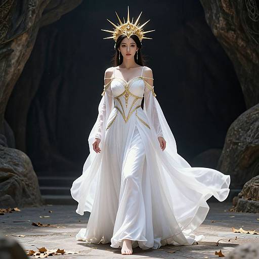 Photograph of a dark-haired woman in a white, off-shoulder, flowing gown with gold accents, wearing a golden crown, walking down a