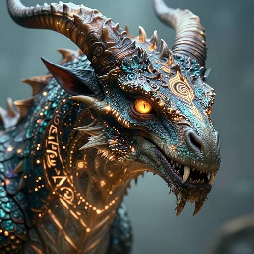 Photorealistic digital artwork of a fierce, blue-scaled dragon with intricate golden patterns, glowing orange eyes, and large, curved horns. Background is