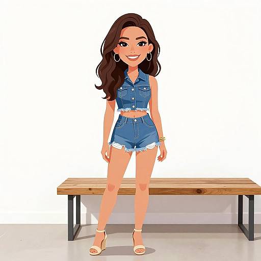 Digital illustration of a smiling woman with long brown hair, wearing a blue denim sleeveless top and high-waisted shorts, standing on a wooden bench
