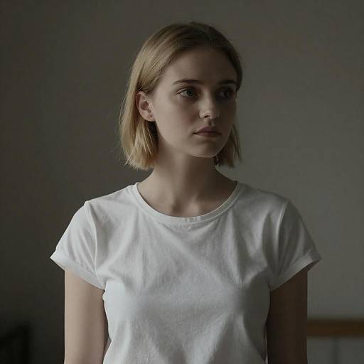 Young Woman in White T-Shirt with Serious Expression