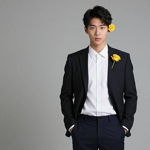 Photograph of an Asian man with short black hair, wearing a black suit, white shirt, and yellow flower on lapel, hands in pockets,