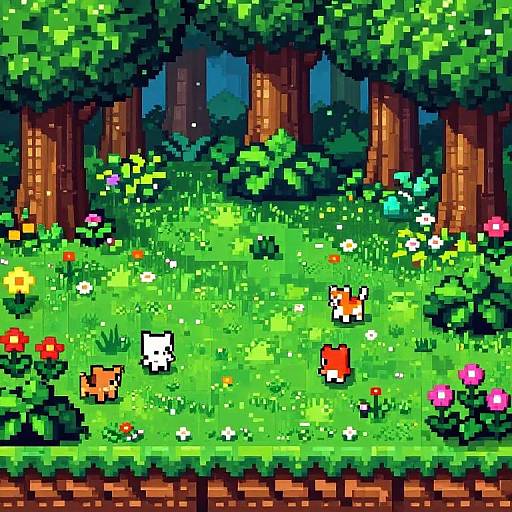 Pixel art of a vibrant forest meadow with colorful flowers, various pixelated animals, and tall trees at dusk, bordered by a wooden fence.