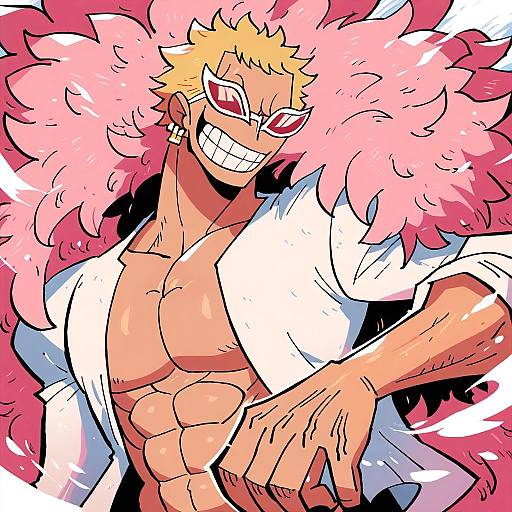 Illustration of Donquixote doflamingo, one piece in the style of Rariatto (ganguri)
