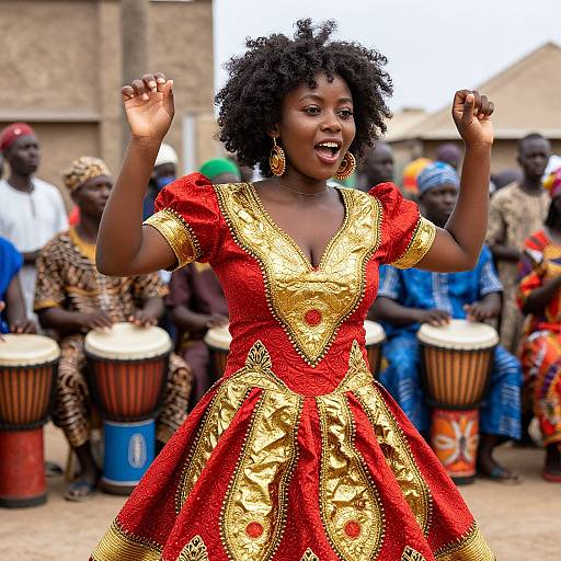 Photograph of a vibrant African woman in a red and gold embroidered dress, dancing with fists raised, surrounded by drummers and spectators.