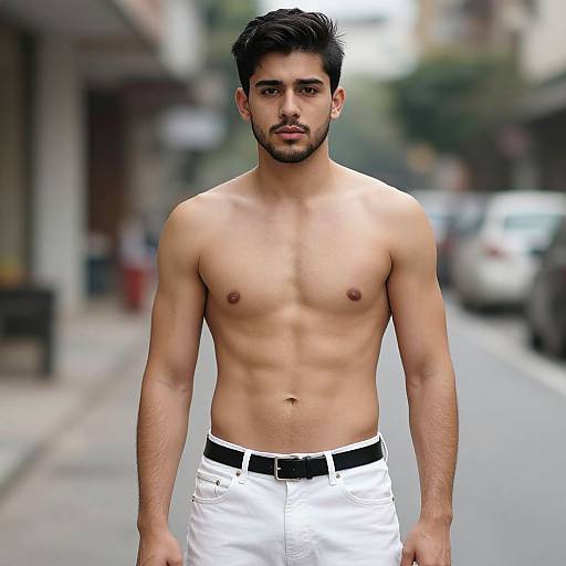 Photograph of a shirtless, muscular, young man with dark hair, trimmed beard, light brown skin, white pants, standing on a blurred city