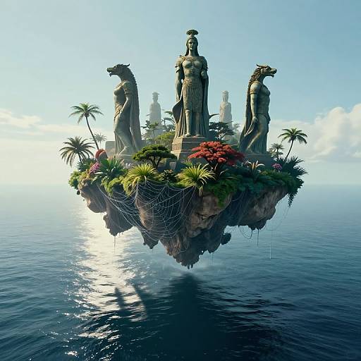 Photorealistic CGI of a floating island with ancient stone statues, lush greenery, red flowers, and palm trees, reflecting on a calm ocean under