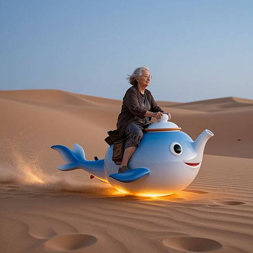 Photograph of an elderly woman with white hair riding a cartoon blue fish-shaped vehicle across a sandy desert, with orange trail lights and a clear blue sky