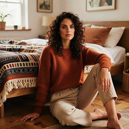 Photograph of a curly-haired woman with olive skin, wearing an orange sweater and beige pants, sitting on a wooden floor by a bed with a pattern