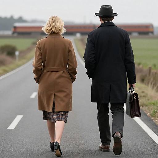 Rural Road Walkers with Distant Train