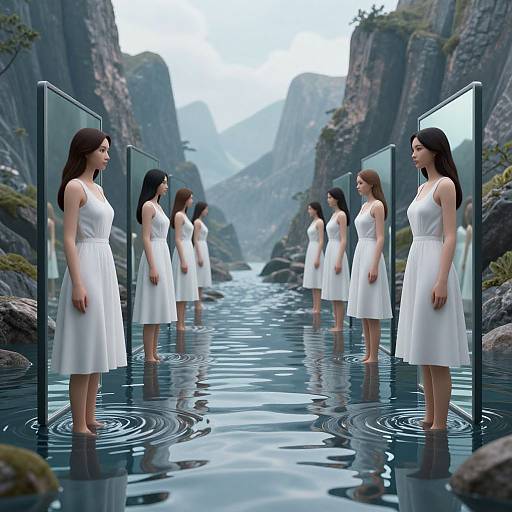 Digital art: Six women in white dresses, reflections, standing in shallow mountain river, mirrored frames, serene, mystical, ethereal, nature backdrop.