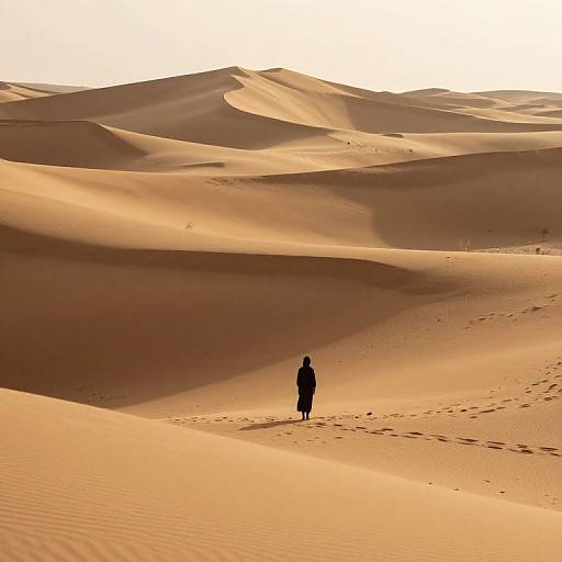 Silhouetted figure walking alone in vast, sunlit desert with rippled sand dunes and soft shadows, under a golden sky. Photograph.